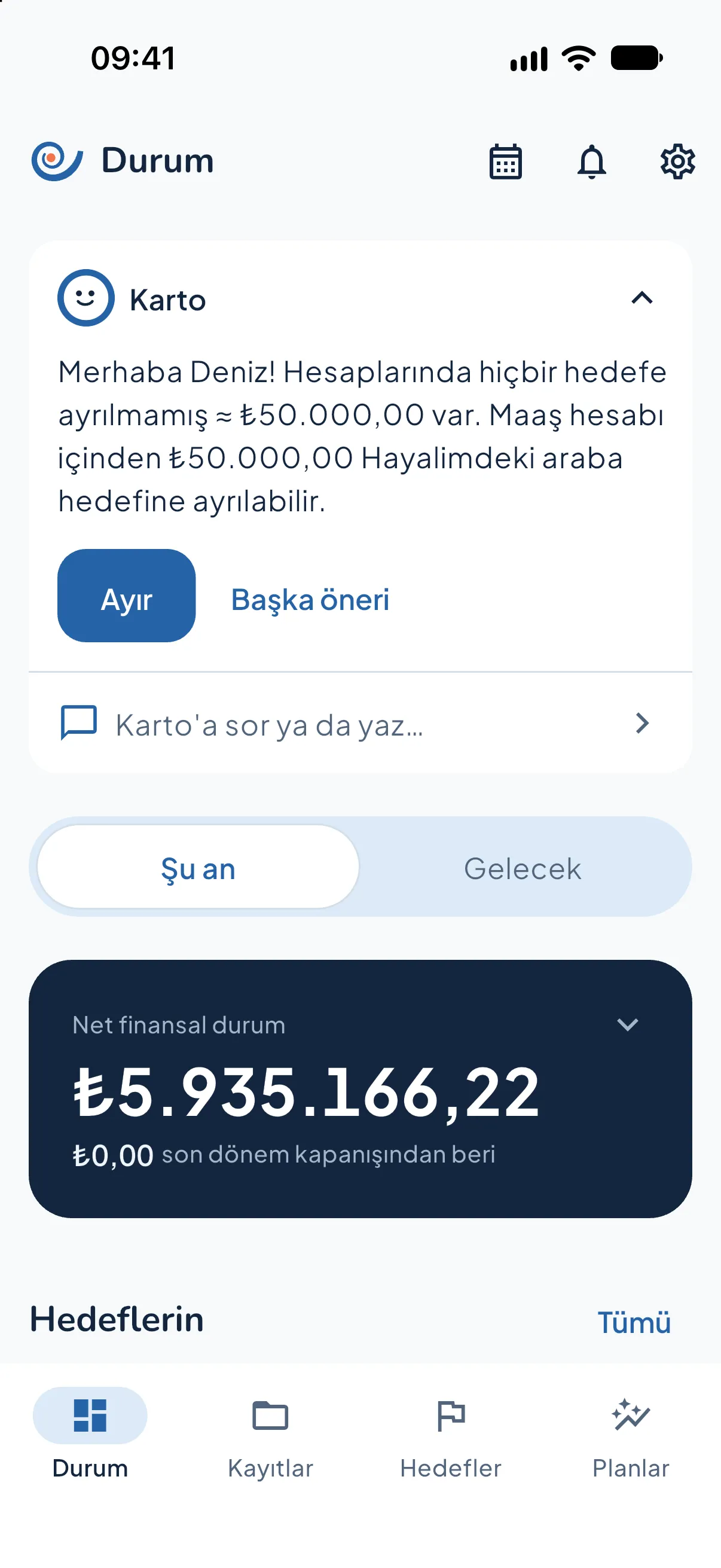 Kartopu app Status screen: net worth and a suggestion from Karto