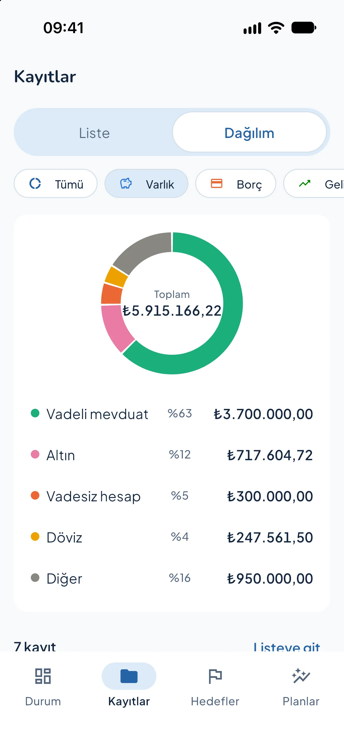 Kartopu records screen: assets broken down by type
